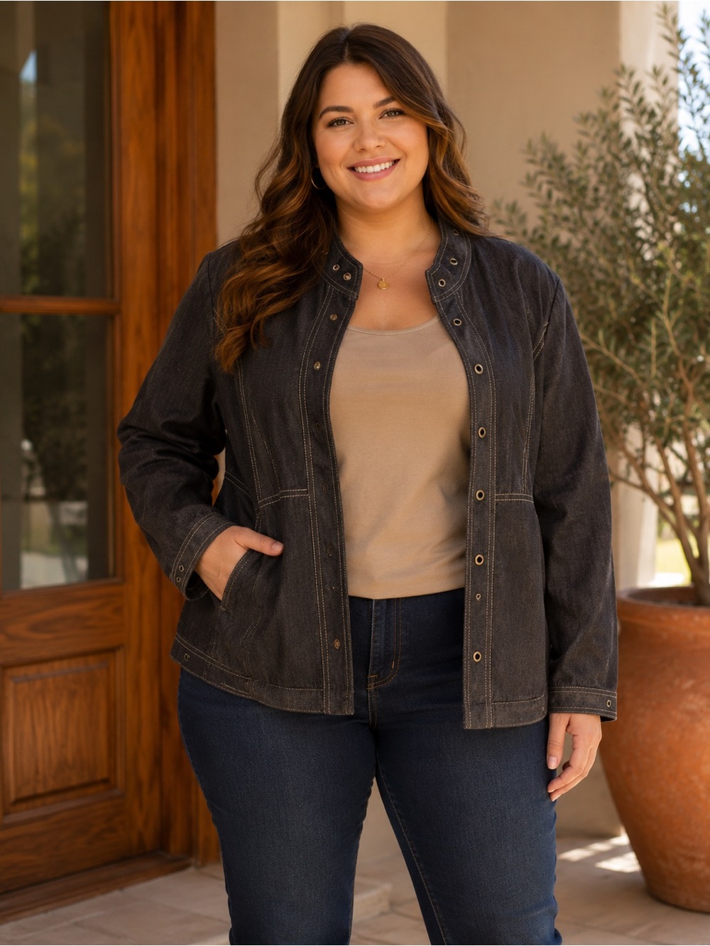 Kasper Dark Gray Snap-Front Denim Jacket